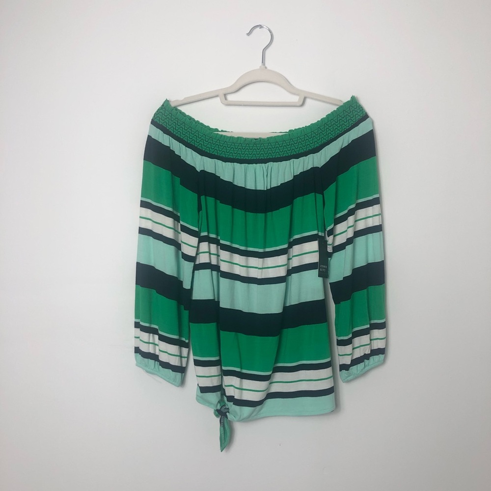 Crown & Ivy Off The Shoulder 3/4 Sleeve Green Blue Top Size M